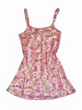 Vintage Y2K Pink Floral Paisley Slip Dress Satin Mini Butterfly Print Size M